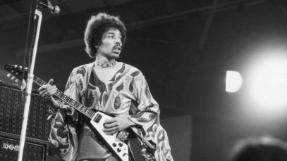 Influential rock guitarist Jimi Hendrix in action at the Isle of Wight festival, August 1970.