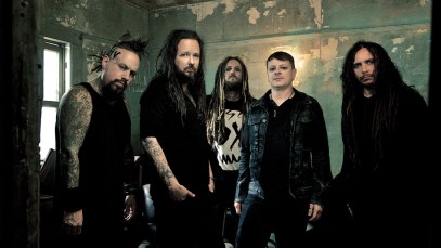 The nu metal band Korn is pictured together.