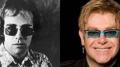 Side by side photos of Elton John are pictured, one from a young John in 1971 to an older Elton John today.