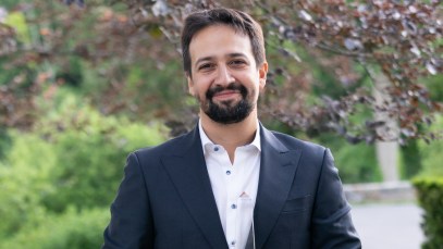 Lin-Manuel Miranda, composer of viral song "We Don't Talk About Bruno," is pictured looking directly at the camera.