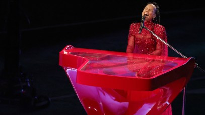 Alicia Keys performing at the Super Bowl Halftime Show
