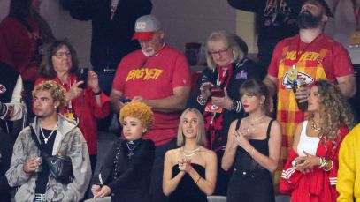 Taylor Swift with friends to support Travis Kelce at Super Bowl LVIII at Allegiant Stadium in Las Vegas.