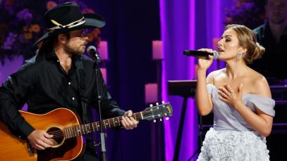 Lukas Nelson and Emmy Rose Russell perform onstage during Coal Miner's Daughter: A Celebration of the Life & Music of Loretta Lynn at The Grand Ole Opry on October 30, 2022 in Nashville, Tennessee.