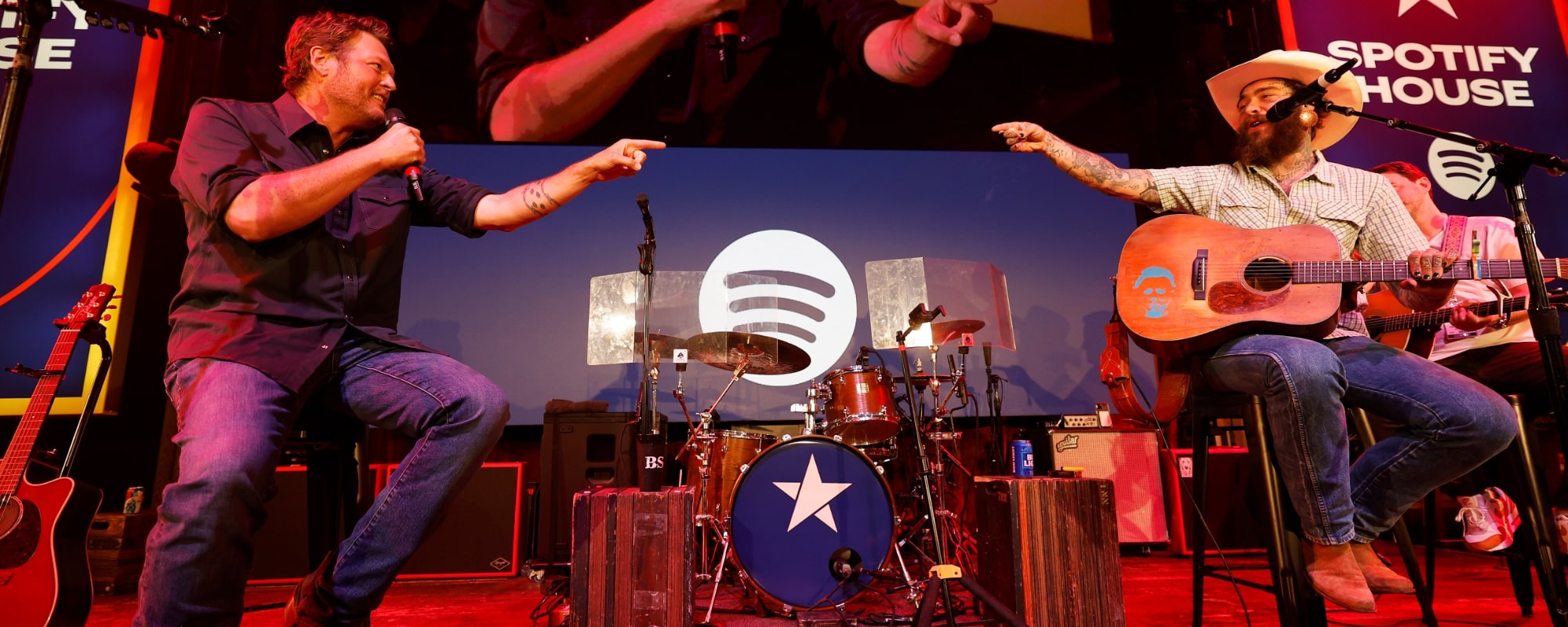 Blake Shelton and Post Malone perform onstage at Spotify House during CMA Fest 2024 - Day 1 at Ole Red on June 06, 2024 in Nashville, Tennessee.