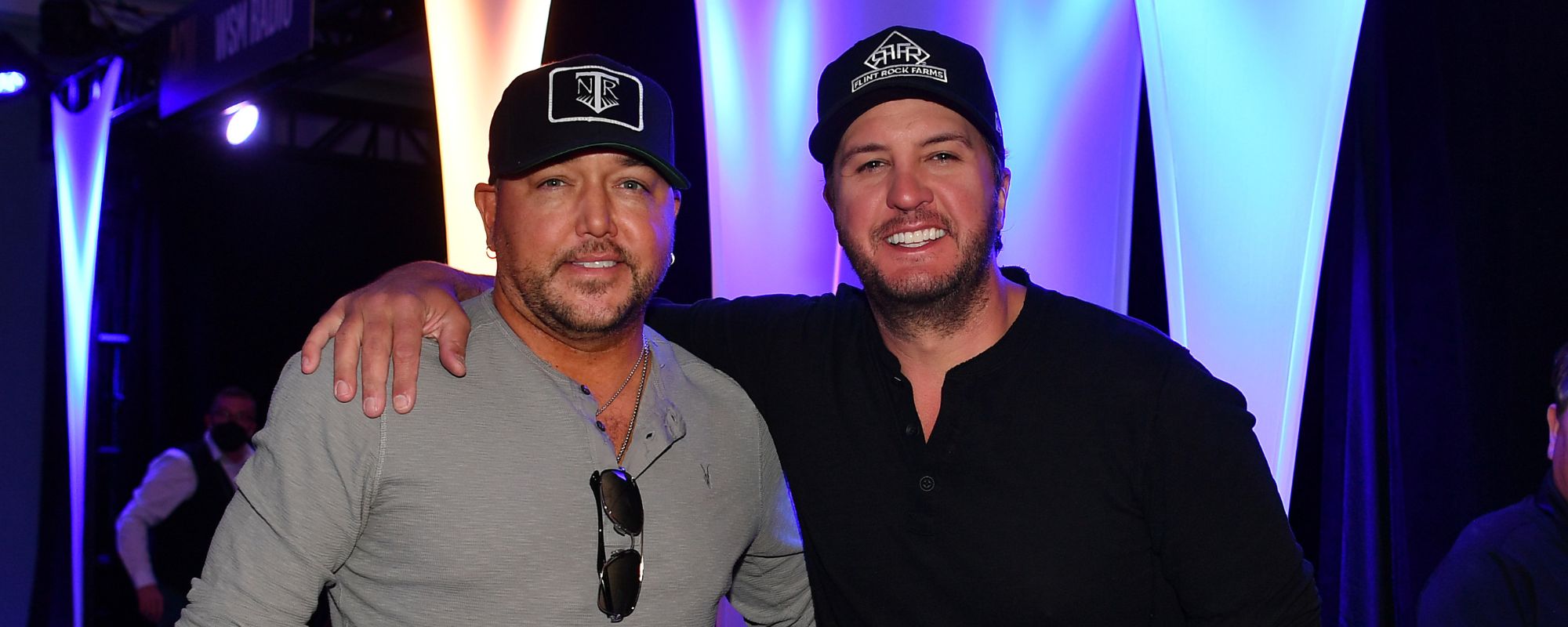LAS VEGAS, NEVADA - MARCH 05: Singer Jason Aldean and singer Luke Bryan attend the 57th Academy Of Country Music Awards Radio Row at Park MGM on March 05, 2022 in Las Vegas, Nevada. (Photo by Denise Truscello/Getty Images for ACM)