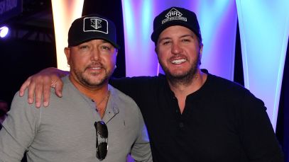 LAS VEGAS, NEVADA - MARCH 05: Singer Jason Aldean and singer Luke Bryan attend the 57th Academy Of Country Music Awards Radio Row at Park MGM on March 05, 2022 in Las Vegas, Nevada. (Photo by Denise Truscello/Getty Images for ACM)