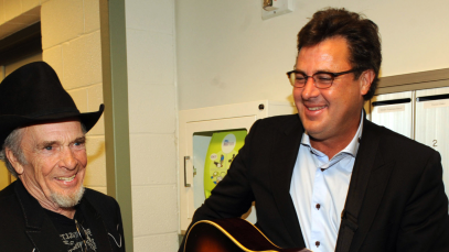 Merle Haggard, recipient of the Poet's Award, and Vince Gill backstage during the second annual ACM Honors at Schermerhorn Symphony Center on September 22, 2009 in Nashville, Tennessee. (Photo by Rick Diamond/Getty Images for ACM)