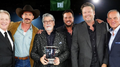 Photo L-R: BMI Vice President, Creative, Nashville, Clay Bradley, Tribute Performer Riley Green, BMI Icon Randy Owen, Tribute Performer Luke Bryan, Performer Blake Shelton, BMI President & CEO Mike O’Neill; Photo by Erika Goldring/Getty Images for BMI