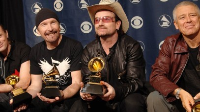 The members of the group U2 (L to R) Lar
