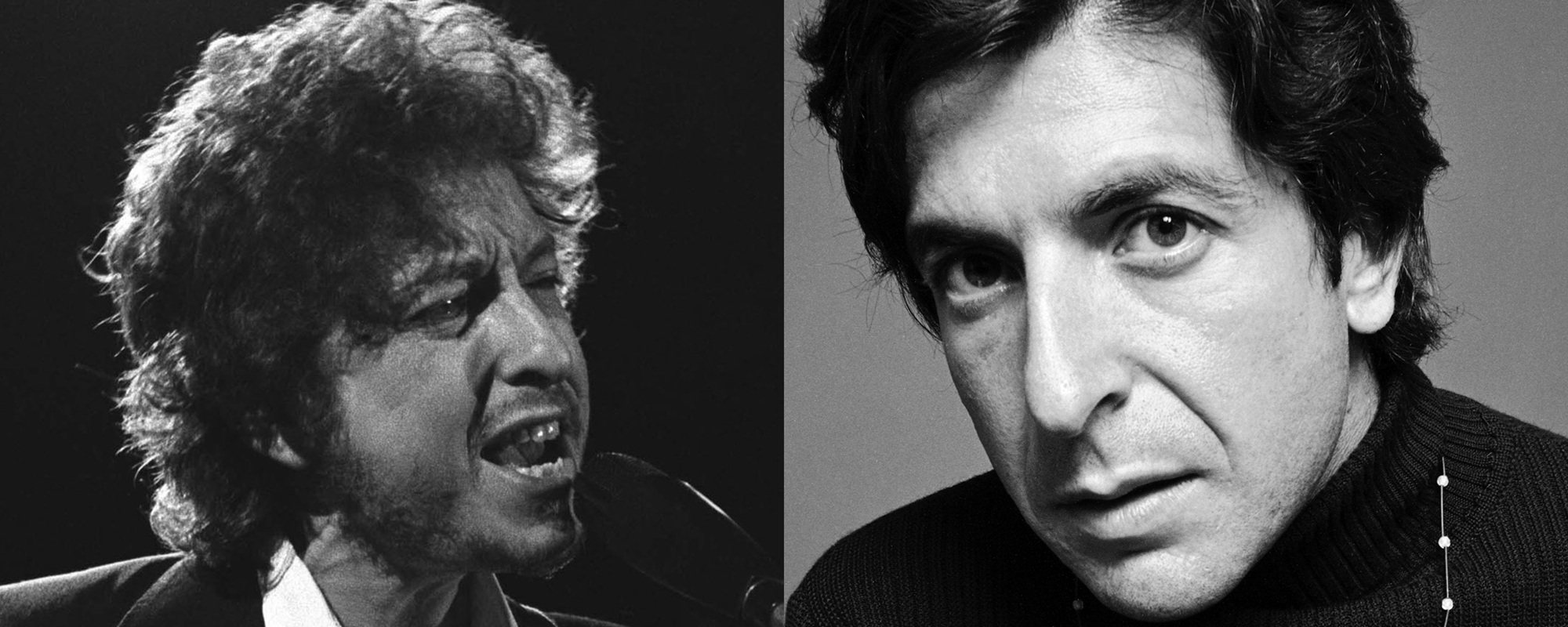 Photos of Leonard Cohen and Bob Dylan by Jack Robinson/Getty Images and Brad Elterman/FilmMagic, respectively.