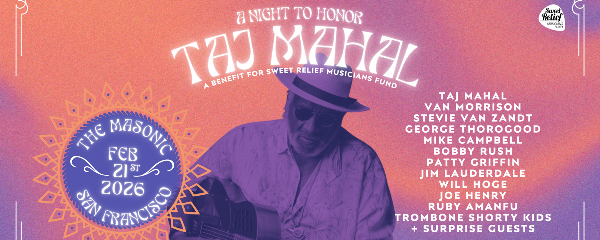 Van Morrison, Steven Van Zandt, George Thorogood Among Stars to Honor Taj Mahal at 2026 Benefit Concert for the Sweet Relief Charity