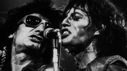 Ronnie Wood and Mick Jagger of The Rolling Stones performing